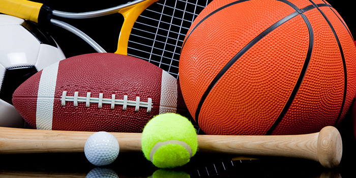 Tennis racquet, volleyball, football, basketball, baseball bat, golf ball, and tennis ball