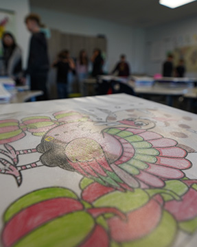Close up of a colored turkey worksheet