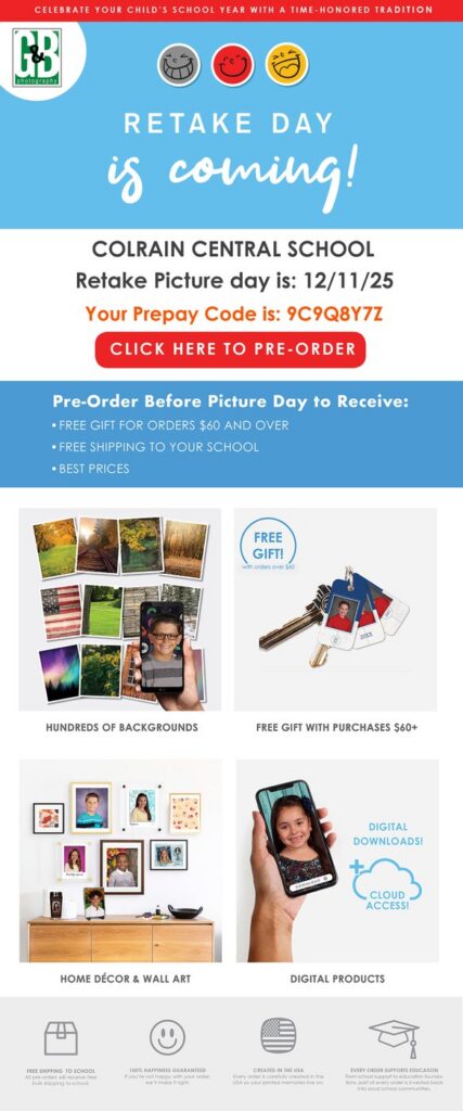Retake day is coming! Colrain Central School retake picture day is 12/11/25 Your prepay code is: 9C9Q8Y7Z flyer