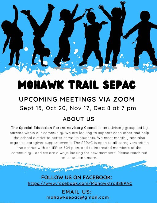 Mohawk Trail SEPAC upcoming meetings Sept. 15, Oct. 20, Nov. 17, Dec. 8.