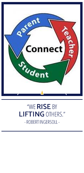 Parent Student Teacher Connect symbol and "We rise by lifting others" - Robert Ingersoll quote
