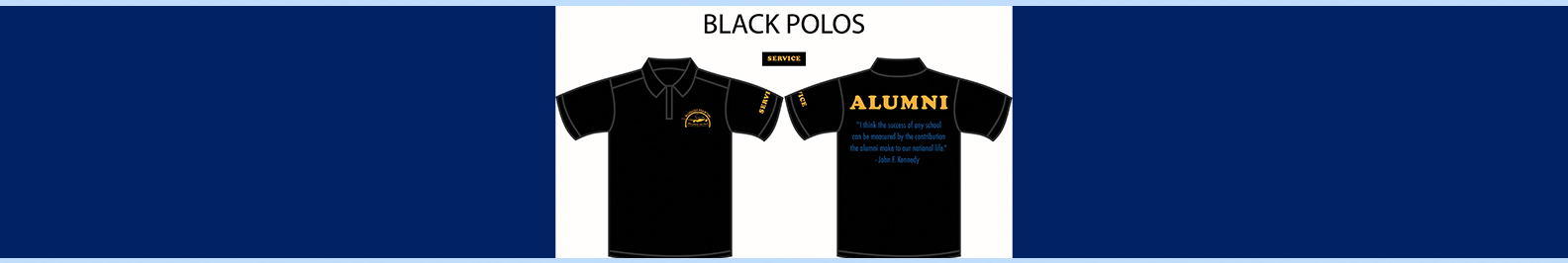 Font and back views of black polos shirts for alumni