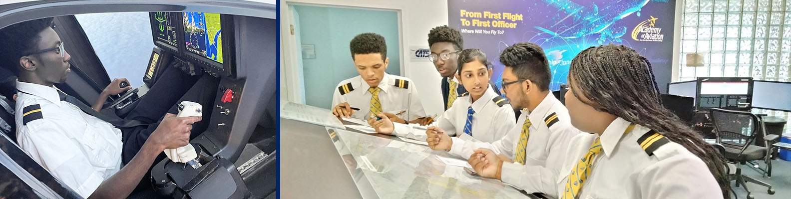 Student pilot in a simulation next to students talking to each other