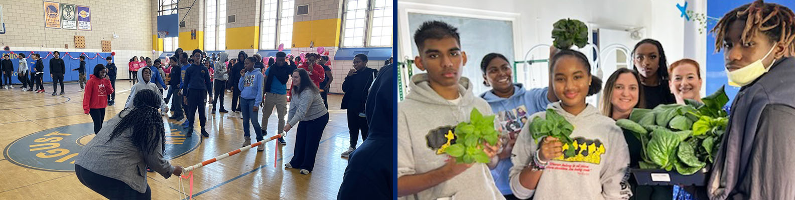 Fun activity in the gym next to students holding up fresh lettuce