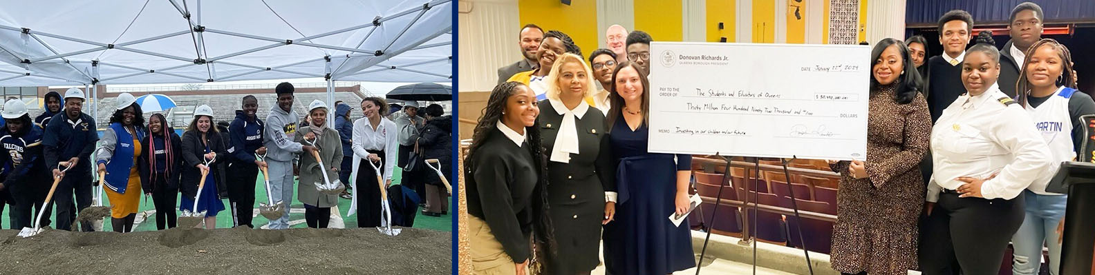 Groundbreaking event next to students and staff member receiving a BIG check