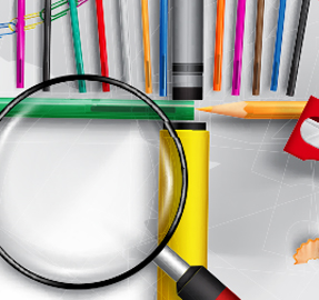Magnifying glass next to school supplies