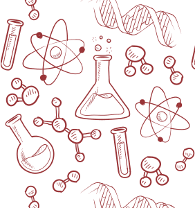 Various science icons like beakers, test tubes, atoms, molecules, etc.