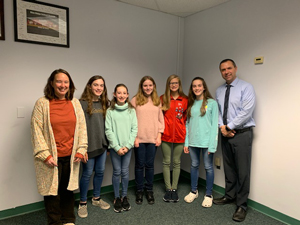 From left to right: Angela Zick, Blue Ridge Elementary tech-STEM teacher; Emily Gorham, student; Madison Gaylord, student; Scarlett Osterhout, student; Kylie Barbour, student; Sarah Gorham, student; and Matthew Button, superintendent of the Blue Ridge School District.