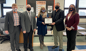 PARSS Executive Director, Dr. Edward Albert, presents the Educator of the Year Award to Ms. Jodi English, from the Jersey Shore Area School District. Pictured from left to right are Dr. Ulmer, superintendent; Steven Keen, principal; Jodi English; Dr. Edward Albert; and Dr. Elizabeth Segraves, assistant principal.