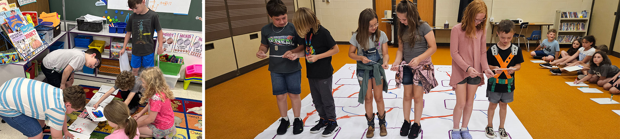 Students working together in the classroom to figure out puzzles