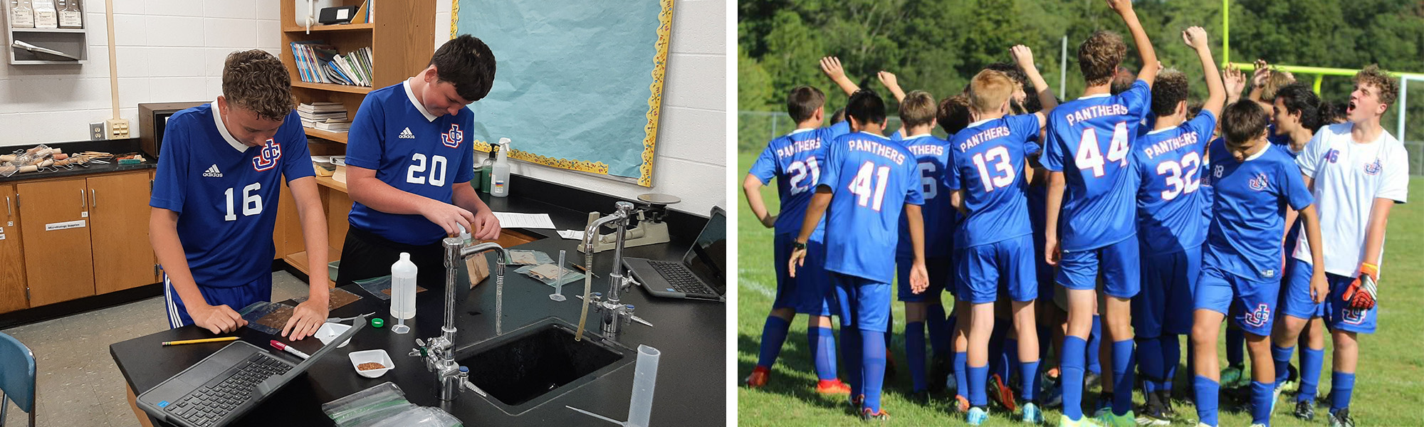 Students working in a lab, and playing soccer