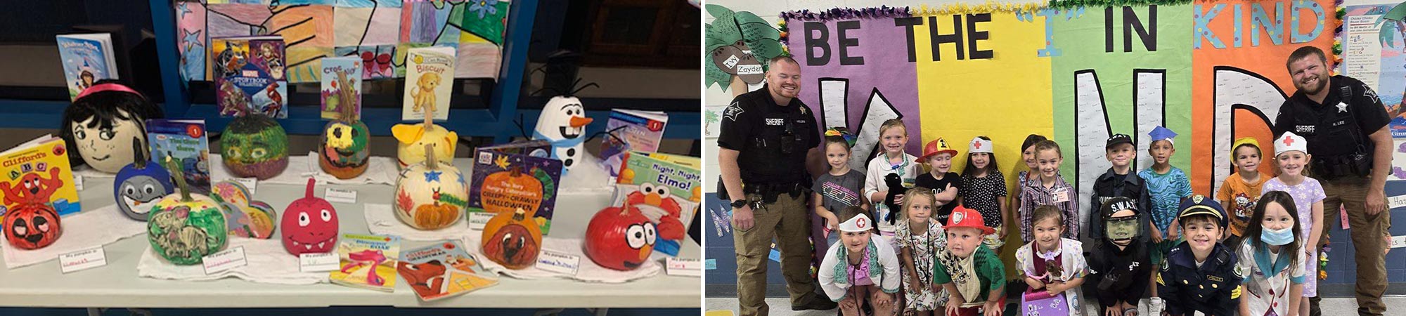 Student sculptures for books, and students in costume for career day