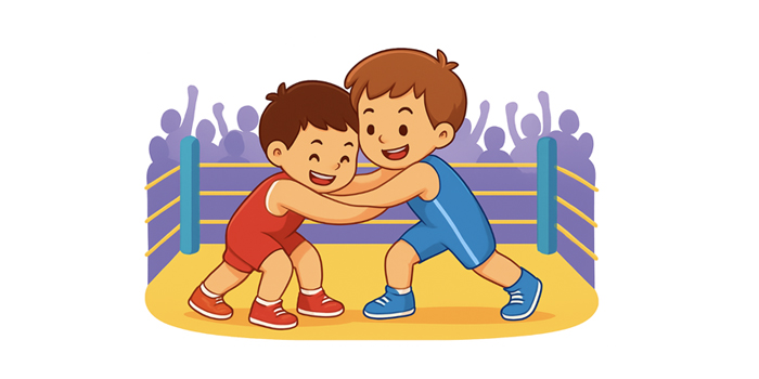 Drawing of two happy elementary students wrestling