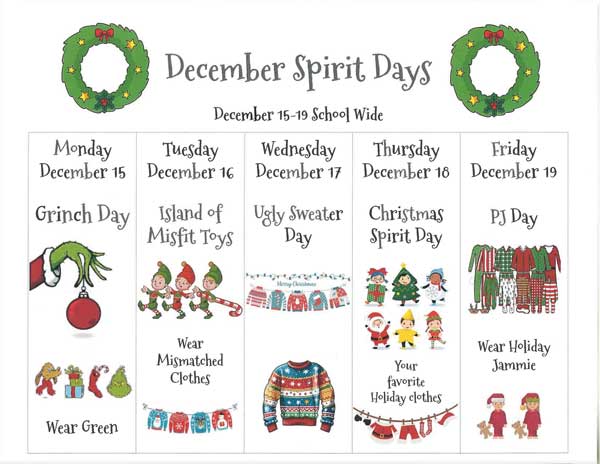 December Spirit Days flyer