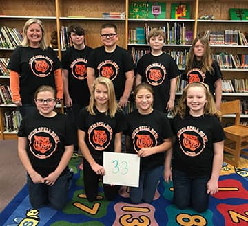 Teacher and students behind a sign that reads 33