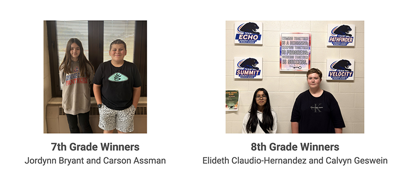 Perfect Attendance Winners - 7th Grade Winners Jordynn Bryant and Carson Assman and 8th Grade Winners - Elideth Claudio-Hernandez and Calvyn Geswein