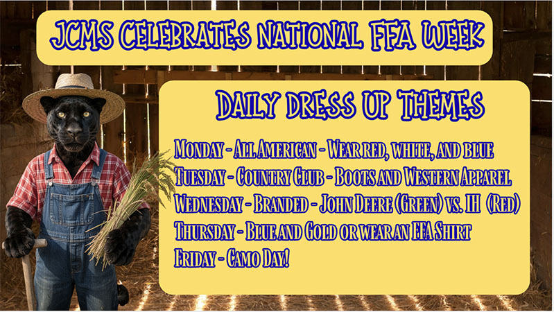 JCMS Celebrates National FFA Week - Daily Dress Up Themes flyer