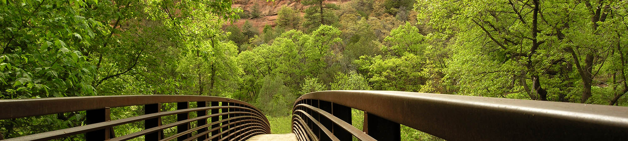 Wooden bridge leading to a beautiful mountain view