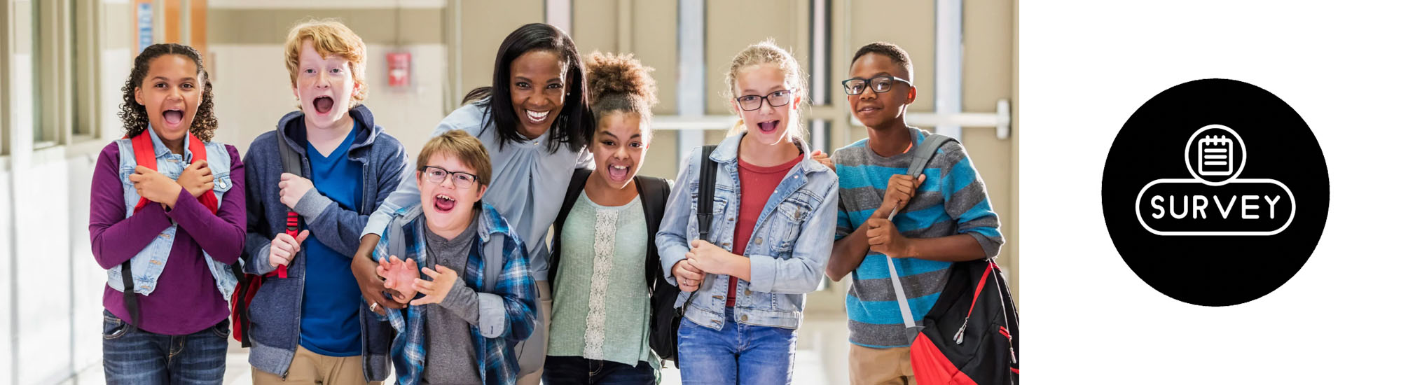 Happy elementary students next to survey button