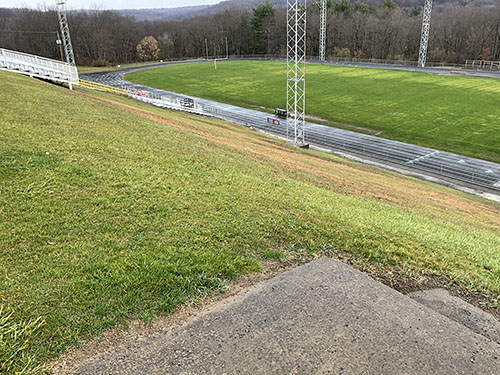 Grass area next to stadium stairs