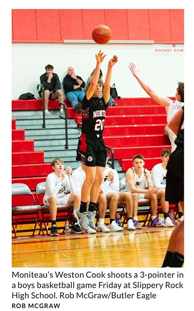 Moniteau's Weston Cool shoots a 3-pointer in a boys basketball game Friday at Slippery Rock High School. Rob McGraw/Butler EAgle