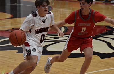 student in white dribbling