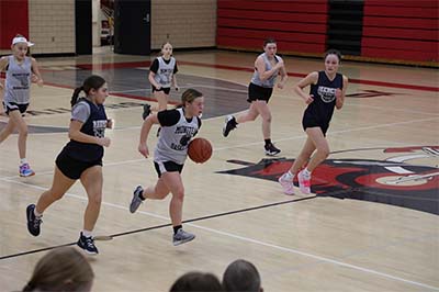 Girl in gray dribbling