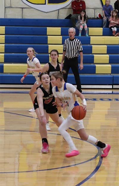 Girl in white dribbling pass girl in black
