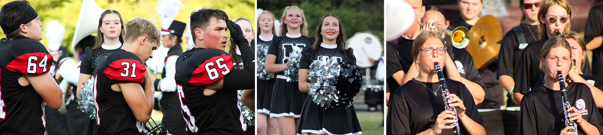 Photo collage of football players, cheerleaders, and band members