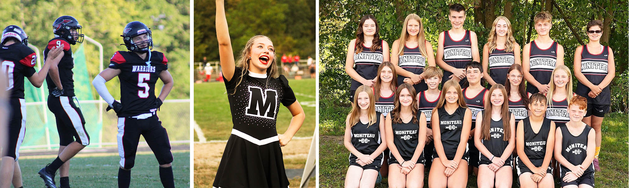 Photo collage of football players, cheerleader, and cross country team
