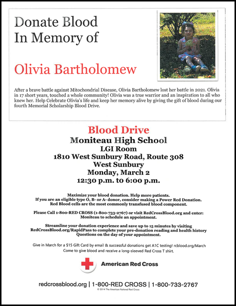 Donate Blood In Memory of Olivia Bartholomew flyer