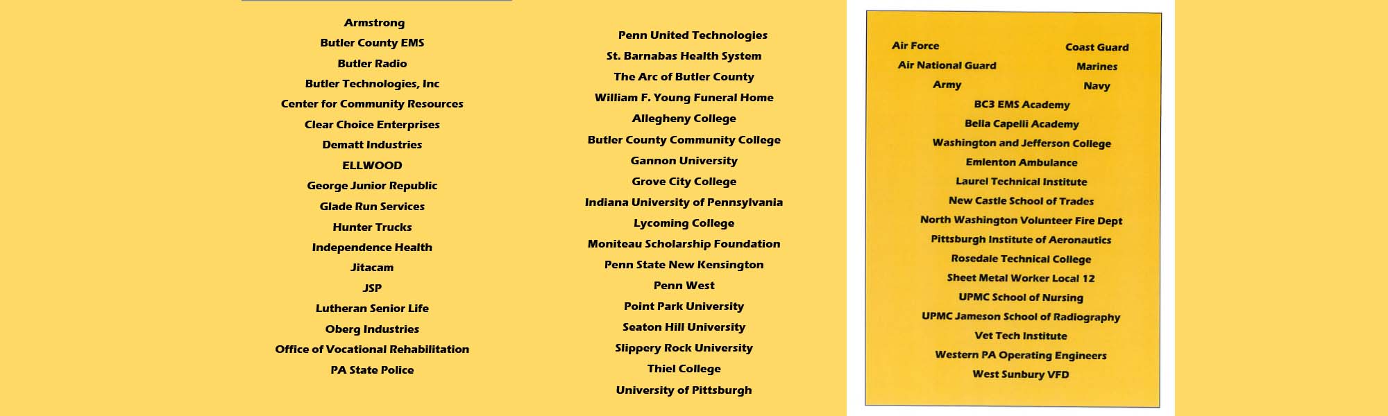 List of vendors that attended career day - Armstrong Butler County EMS Butler Radio Butler Technologies, Inc Center for Community Resources Clear Choice Enterprises Dematt Industries ELLWOOD George Junior Republic Glade Run Services Hunter Trucks Independence Health Jitacam JSP Lutheran Senior Life Oberg Industries Office of Vocational Rehabilitation PA State Police Penn United Technologies St. Barnabas Health System The Arc of Butler County William F. Young Funeral Home Allegheny College Butler County Community College Gannon University Grove City College Indiana University of Pennsylvania Lycoming College Moniteau Scholarship Foundation Penn State New Kensington Penn West Point Park University Seaton Hill University Slippery Rock University Thiel College University of Pittsburgh Air Force Air N a t i o n a l A r m y C o a s t G u a r d G u a r d M a r i n e s N a v y BC3 EMS Academy Bella Capelli Academy Washington and Jefferson College E m l e n t o n A m b u l a n c e Laurel Technical I n s t i t u t e N e w Castle School o f Tr a d e s North Washington Volunteer Fire Dept Pittsburgh Institute of Aeronautics Rosedale Technical College S h e e t M e t a l Wo r k e r Local 12 UPMC School of Nursing UPMC Jameson School of Radiography Vet Tech Institute Western PA Operating Engineers West Sunbury VFD