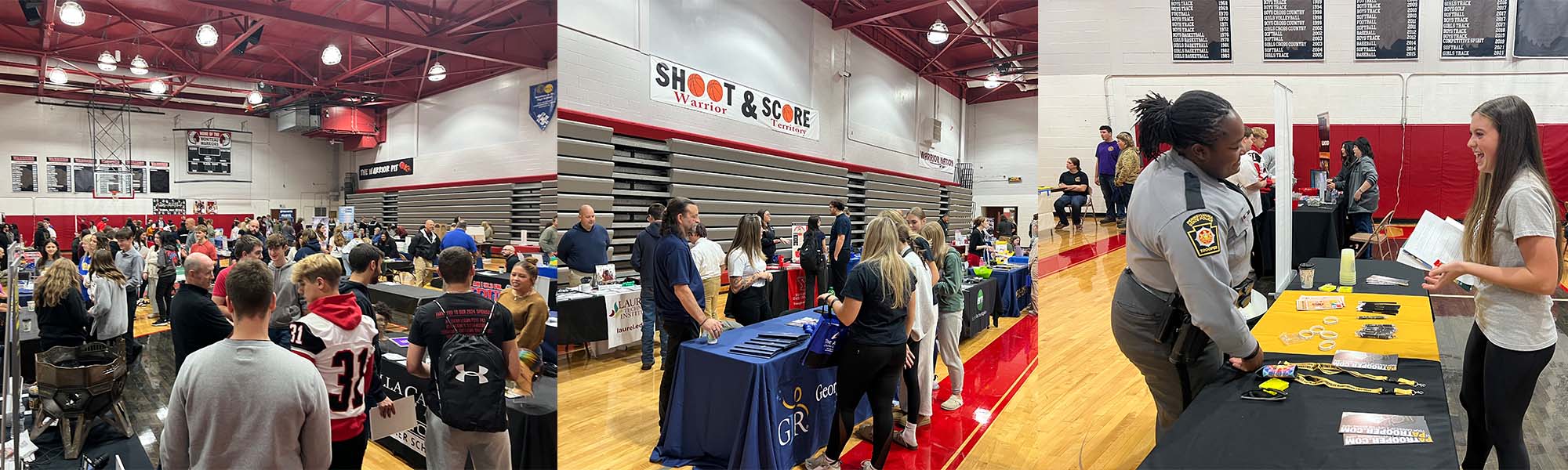 Students and employees from various workplaces visiting at tables