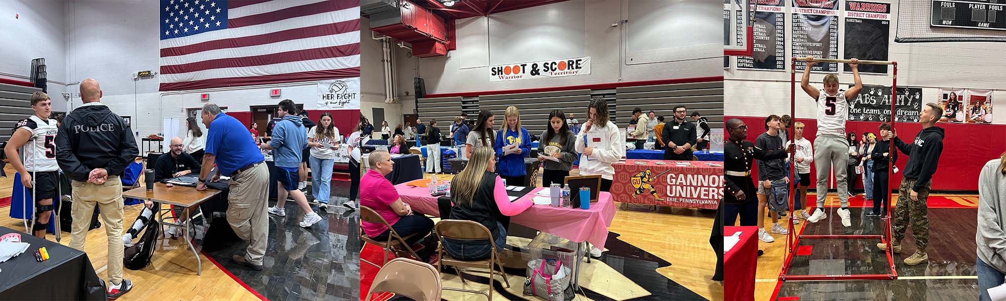Students and employees from various workplaces visiting at tables