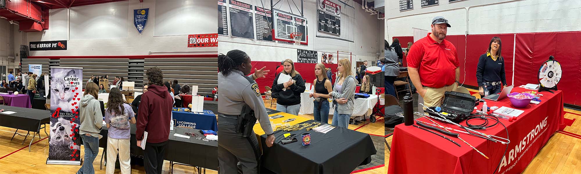 Students and employees from various workplaces visiting at tables