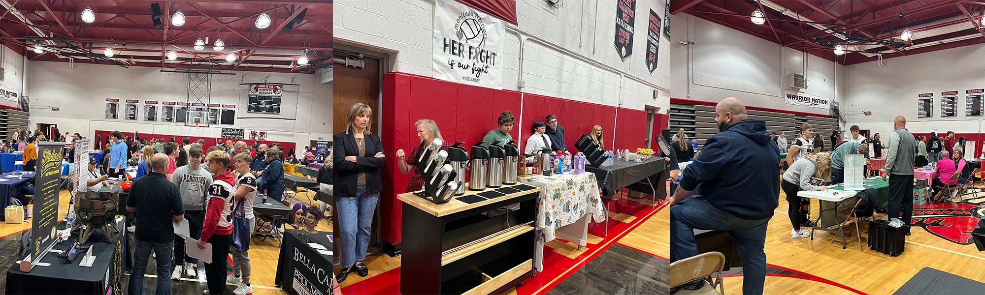Students and employees from various workplaces visiting at tables