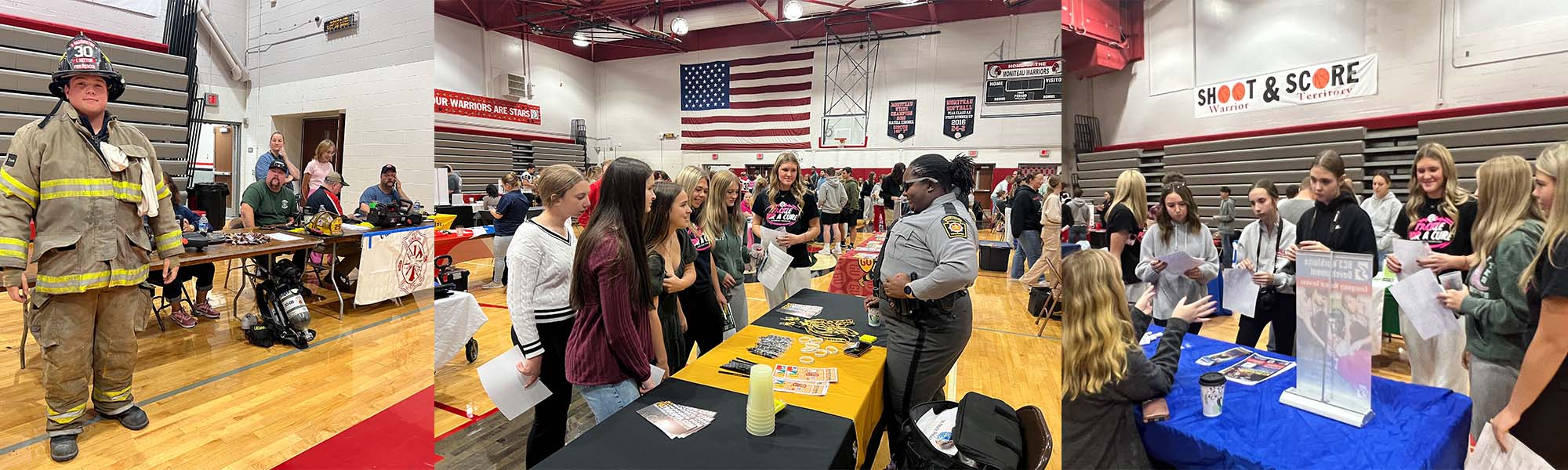 Students and employees from various workplaces visiting at tables