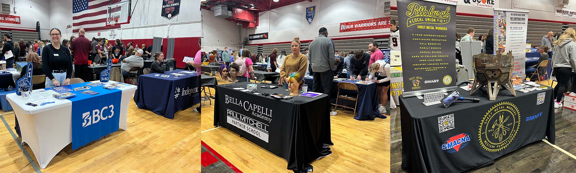 Students and employees from various workplaces visiting at tables
