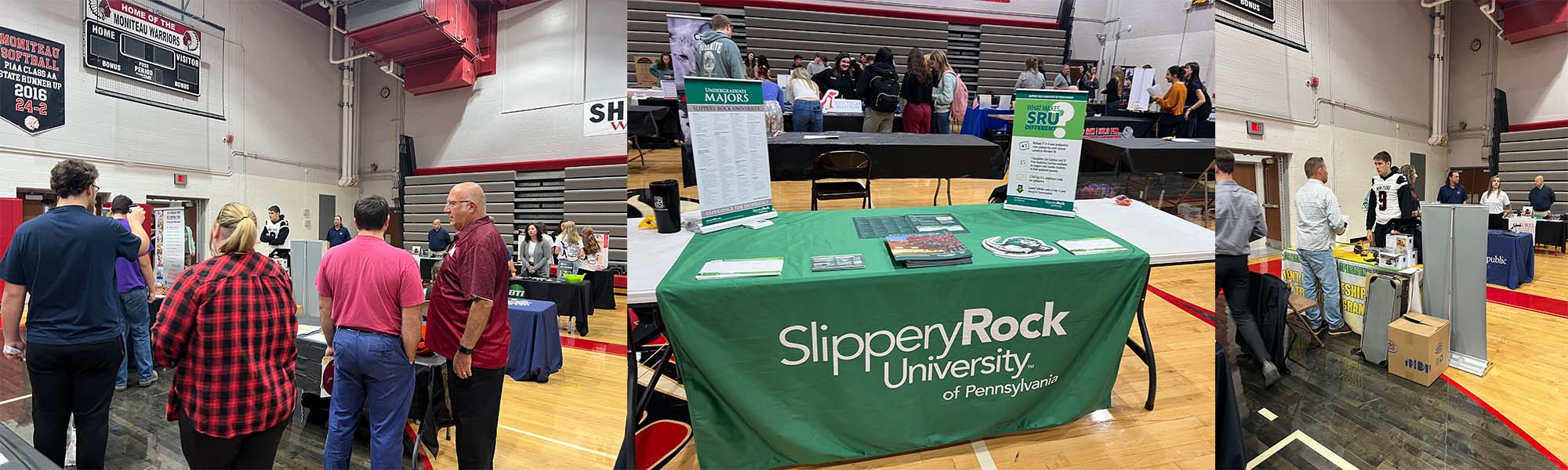 Students and employees from various workplaces visiting at tables
