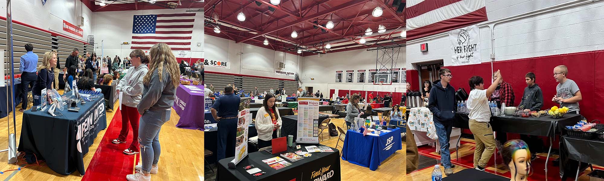 Students and employees from various workplaces visiting at tables