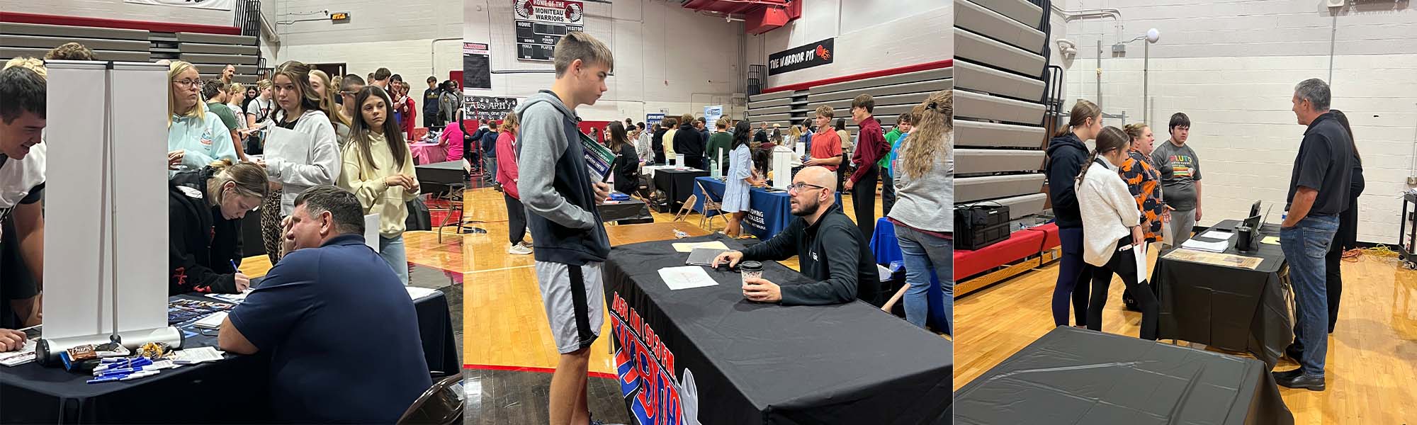 Students and employees from various workplaces visiting at tables