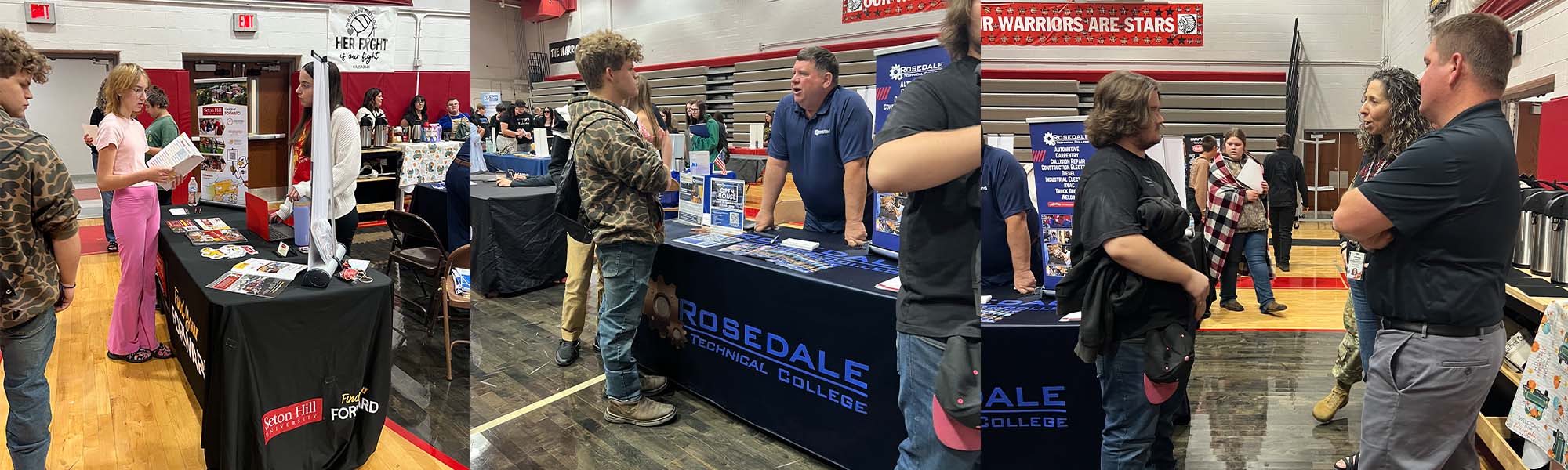 Students and employees from various workplaces visiting at tables