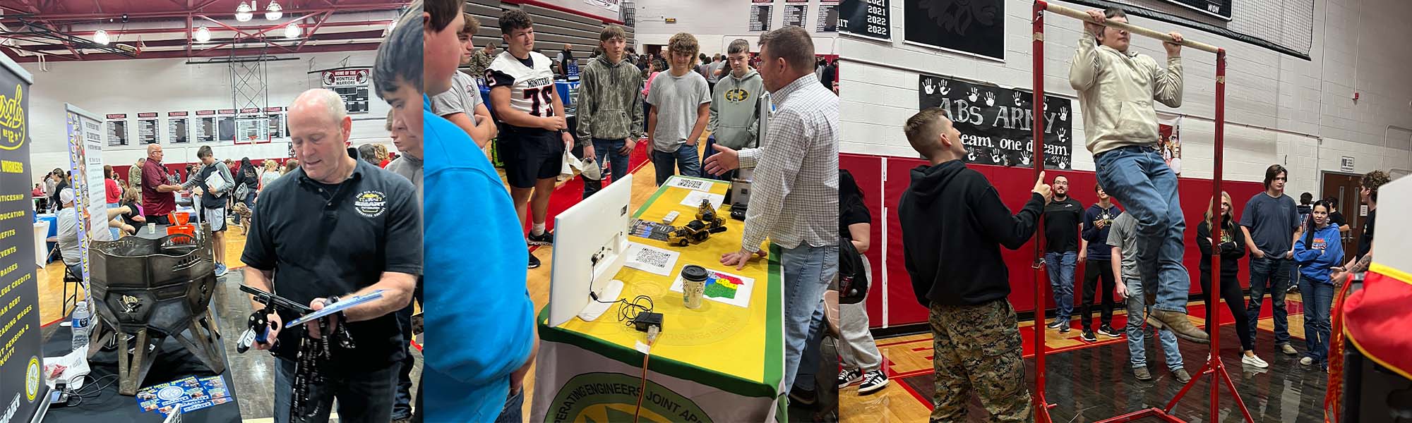 Students and employees from various workplaces visiting at tables