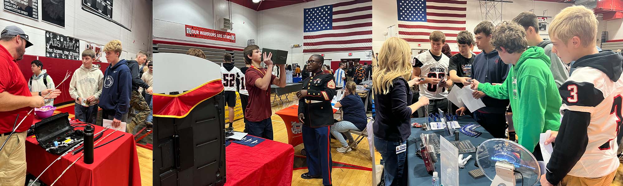 Students and employees from various workplaces visiting at tables