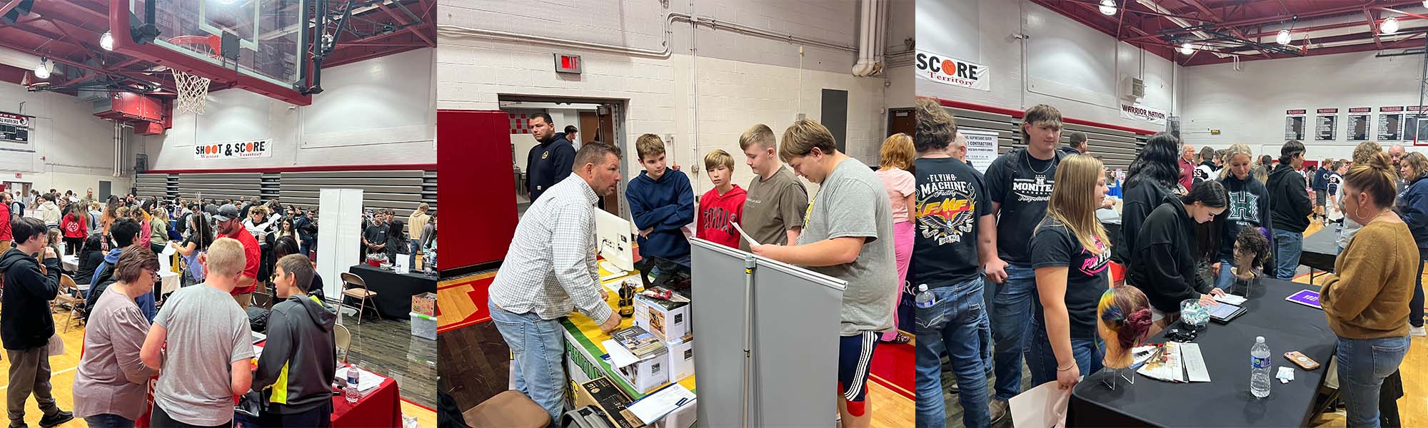 Students and employees from various workplaces visiting at tables