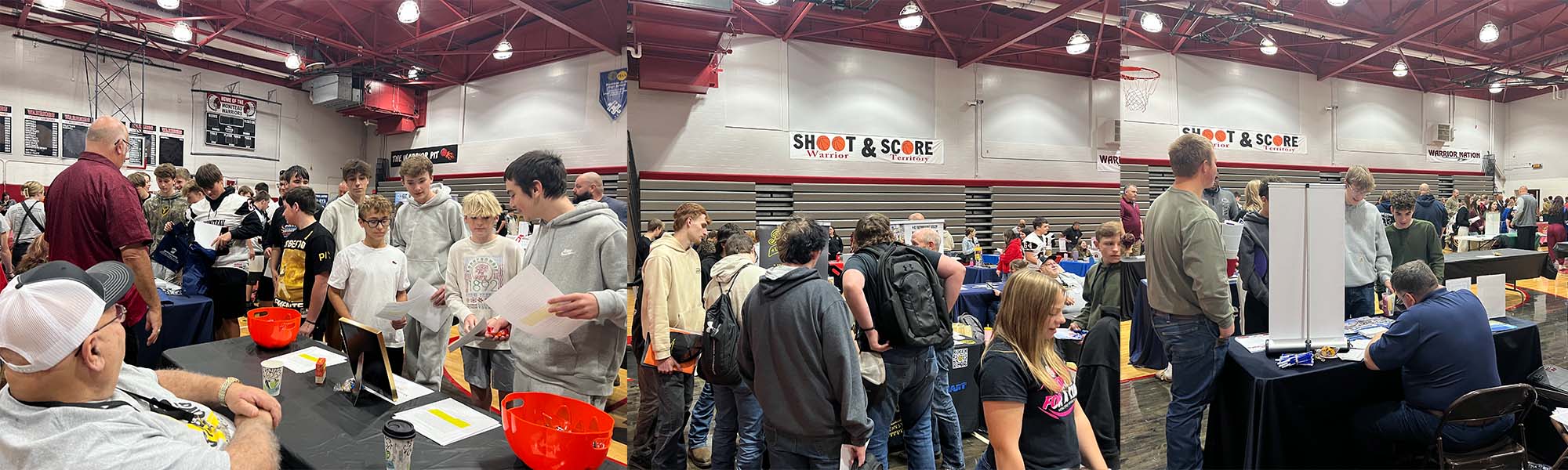 Students and employees from various workplaces visiting at tables