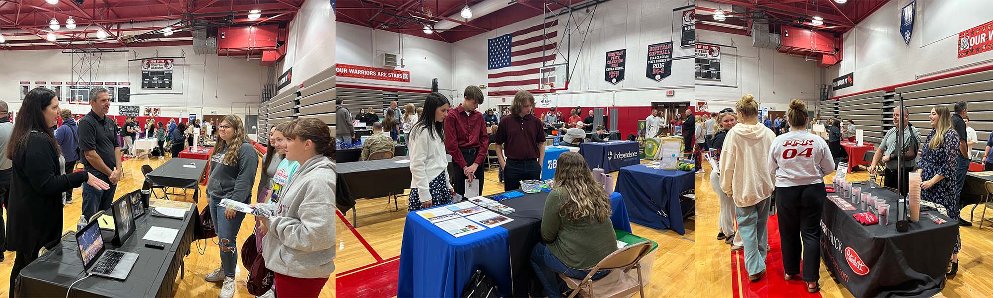 Students and employees from various workplaces visiting at tables
