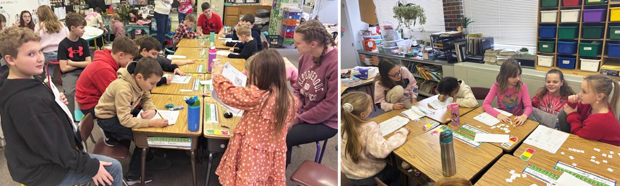 Photo collage of Valentine's Day student boxes and learning in the classroom