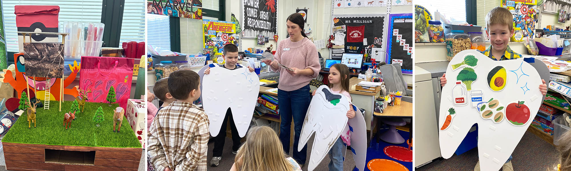Photo collage of student project and elementary students working on a healthy teeth project