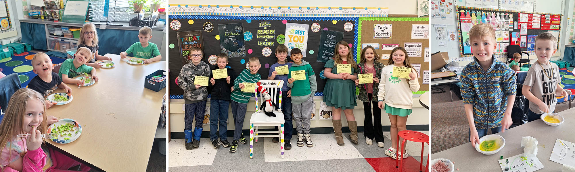 Photo collage of reading rockstars and students making treats in class